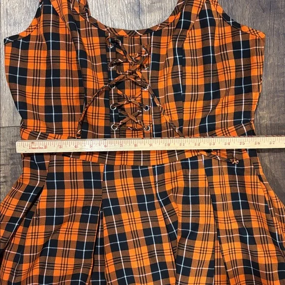 Hot Topic Black & Orange Plaid Pleated Lace-Up Dress Halloween - Picture 8 of 8